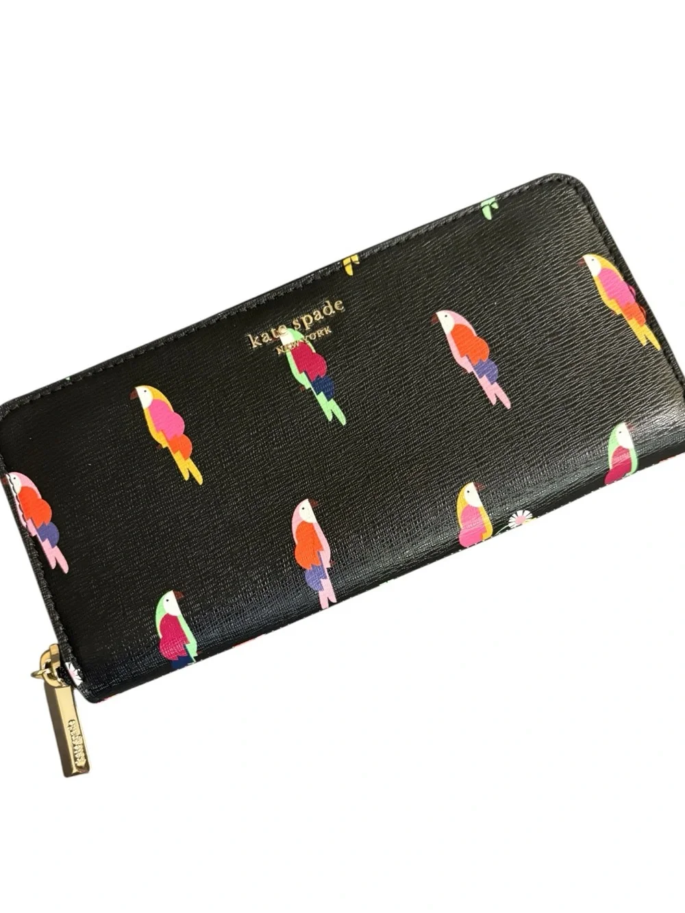 NEW kate spade Black Parrot Flock Continental Zip Wallet